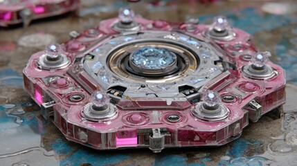 A detailed, futuristic, round device with intricate, metallic, and glassy components; vibrant pink and light blue hues; placed on a wet, textured surface.