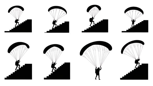 Silhouettes of People Ascending Stairs with Parachutes Attached
