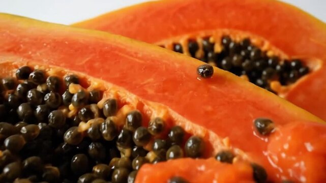 A visually captivating close-up highlights the vibrant interior of a freshly cut papaya, split lengthwise to reveal its succulent, juicy orange flesh. Numerous glossy black seeds are nestled within th