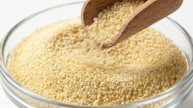 A wooden scoop gently pours a cascade of small, golden, granular food into a clear glass bowl, creating a mesmerizing visual of movement and texture. The tiny, uniform particles settle amongst the exi
