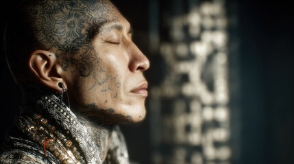 A close-up profile portrait of a person with intricate tattoos on their head and face, contemplative and serene expression, with a textured, ornate garment and jewelry; the background is softly...