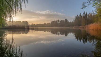 A beautiful morning panorama shows a sunrise over the misty lake and a sunset over the river reflecting autumn trees and golden clouds across the calm blue water