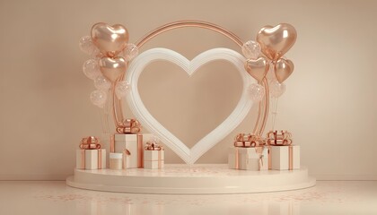 Elegant display setting featuring metallic heart balloons and wrapped gifts upon a circular stage