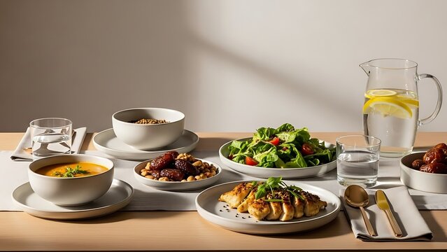 Assortment of Healthy Dishes: Soup, Salad, Main Course, and Dates on a Minimalist Table