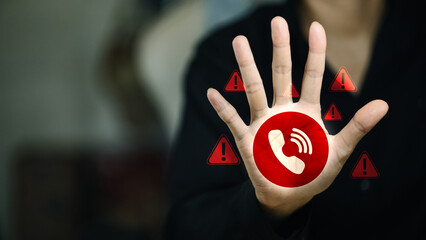 Stop Phone Scam Warning with Hand Gesture and Call Alert Icon
