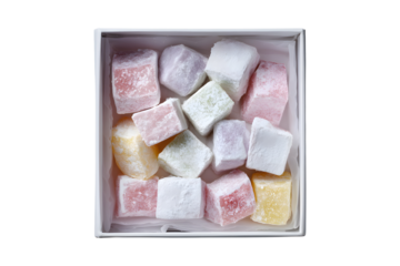 Assorted Turkish delight lokum candies in box for Ramadan and Eid, isolated on transparent background