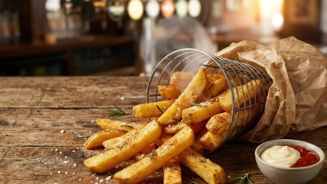 Golden-brown, seasoned potato wedges tumble from a wire basket onto a rustic wooden surface, adorned with coarse salt and fresh rosemary. A small ceramic bowl holding creamy mayonnaise and vibrant ket
