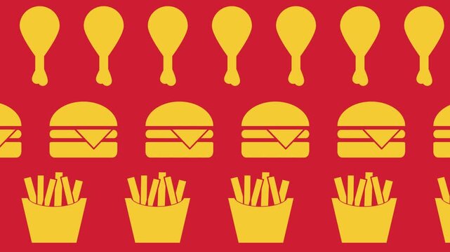 classic fast-food icons including cheeseburgers, chicken drumsticks, and french fries