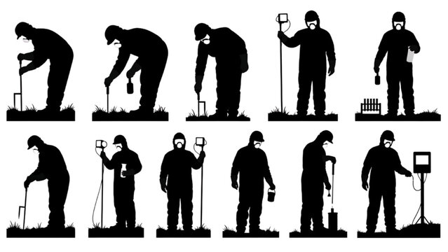 Silhouettes of a person collecting soil samples in various positions