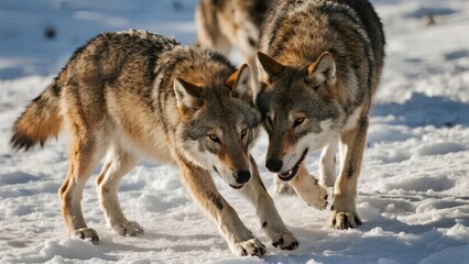 Fototapeta premium Two wolves walking together in a snowy landscape