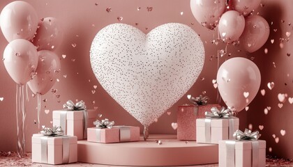 Numerous pale pink balloons and wrapped presents surround a large central heart decoration amidst falling confetti
