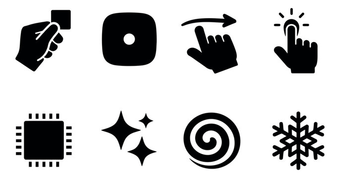 Solid glyph icons set featuring hand gestures, a microchip, and abstract symbols for user interface design