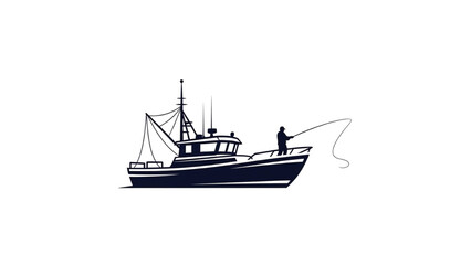 Obraz premium Fishing Boat with Fisherman Casting Line into the Water - Nautical Activity Illustration