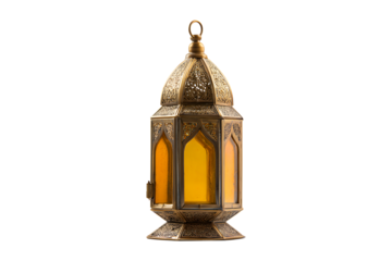 Traditional golden Ramadan lantern with warm glowing light, isolated on transparent background