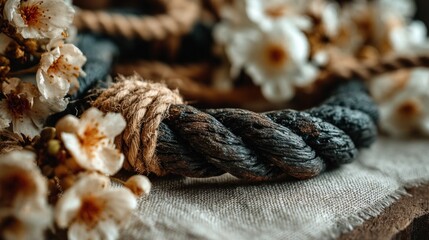 A close-up of a dark, twisted rope, adorned with delicate, cream-colored flowers, creating a serene and rustic composition.