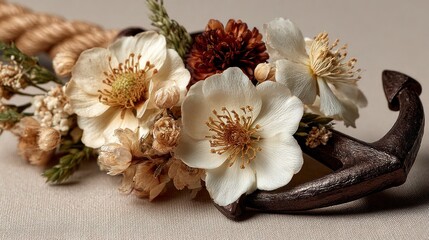 A delicate arrangement of dried flowers, including cream-colored blossoms and muted browns, artfully arranged on a dark-colored anchor, creating a rustic and serene image.