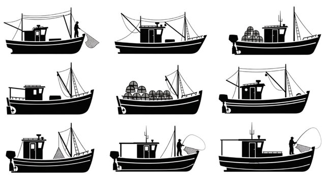 Diverse collection of traditional and commercial fishing boat silhouettes showcasing various maritime industry vessels and their unique designs
