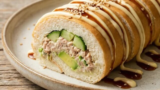 This close-up shot captures an innovative and appetizing culinary creation, a delectable roll featuring a soft, golden-brown bread exterior, generously filled with a savory mixture of flaked protein, 