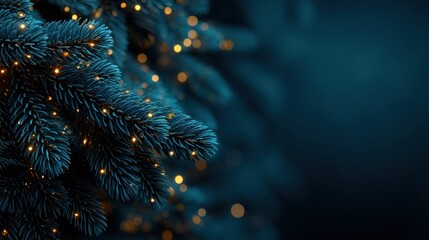 Deep teal evergreen boughs, illuminated by warm golden lights, create a festive and enchanting holiday scene.