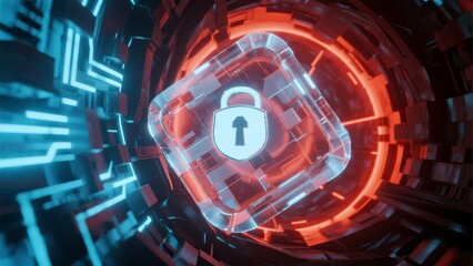 Digital lock icon encased in a transparent cube within a futuristic tunnel of glowing circuits and red energy rings