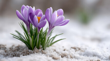Purple crocus flowers blooming through snow in early spring