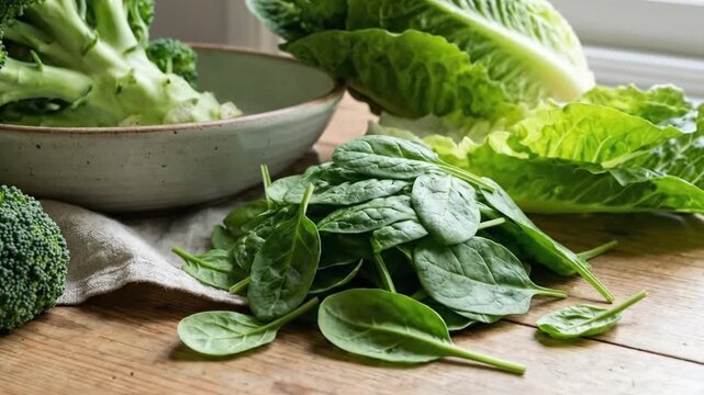 This close-up shot features a vibrant assortment of fresh, healthy green vegetables artfully arranged on a rustic wooden surface, partially covered by a natural linen cloth. A ceramic bowl holds flore