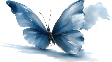 A delicately rendered illustration of a butterfly, showcasing its flowing wings in a soft blue hue, with artistic watercolor-style splashes.
