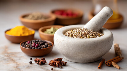 Marble mortar and pestle with spices for culinary preparation