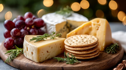 Festive charcuterie board with cheese, crackers, and grapes for holiday gatherings