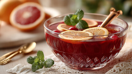 Refreshing citrus punch in a crystal bowl with ladle garnished with mint and sliced oranges