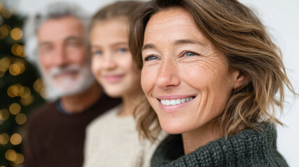 Fototapeta premium Warm family moment: smiling faces of multiple generations in cinematic style