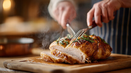 Thanksgiving feast: close-up of hands carving juicy roasted turkey with fresh herbs