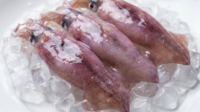 This crisp, close-up footage features several fresh, raw squids meticulously arranged on a bed of glistening ice cubes, presented elegantly on a clean white plate. The cephalopods showcase their natur