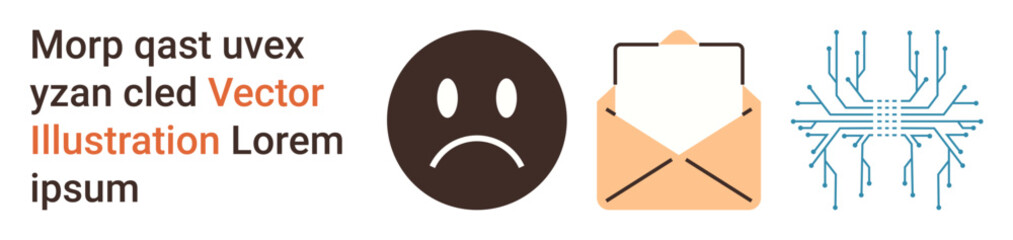 Fototapeta premium Communication, emotions, digital interactions, online messaging, electronic circuits, data exchange. Sad face, envelope and circuit symbol aligned together. Communication and emotions themed visuals