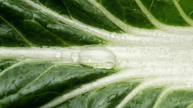 This extreme close-up shot captures the vibrant details of a fresh, leafy green vegetable, possibly chard or spinach, glistening with delicate water droplets. The camera slowly glides across the intri