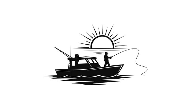 Serene fishing scene with an angler on a boat at sunrise, a peaceful outdoor sport and leisure activity