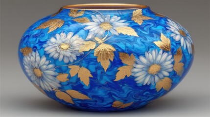 A decorative round vase, boasting a striking blue background with intricate white flowers and gold leaf accents, creates a captivating visual narrative.