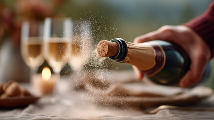 Festive celebration with champagne cork popping in elegant dining setting