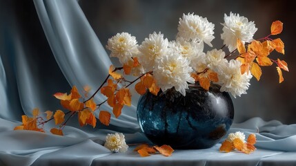 A still life arrangement of white chrysanthemums, artfully arranged in a teal glass vase with vibrant autumn leaves, creating a serene and autumnal ambiance.