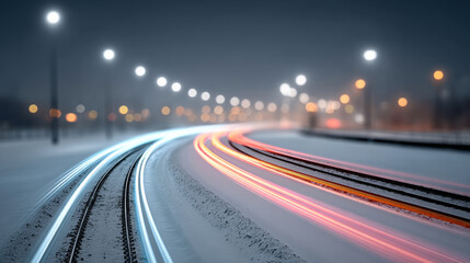 Neon pink and cyan light trails through snowy city street at night