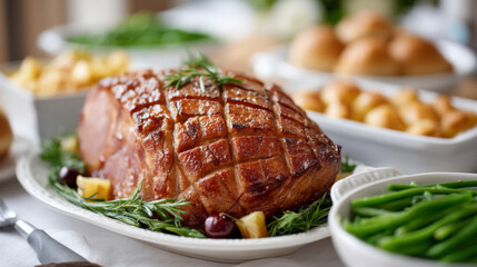 Delicious glazed easter ham dinner with sides of vegetables and rolls