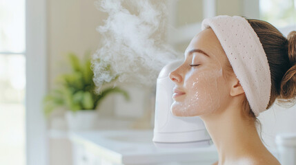 Relaxing facial skincare routine with steamer in modern home interior