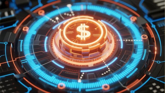 Digital dollar symbol displayed on a futuristic high-tech interface with glowing circuits and concentric rings - Powered by Adobe