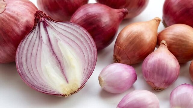 This inviting close-up showcases a delightful assortment of fresh onions and shallots artfully arranged on a clean, bright white background. The composition features vibrant red onions, some whole and