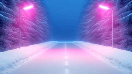 Enchanting winter suburban scene with electric pink and turquoise glow