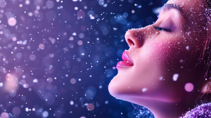 Captivating winter fantasy with snowflakes on woman's face in luminous purple light