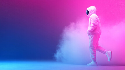 Futuristic jogger with luminous purple glow in misty atmosphere