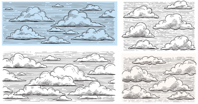 Vintage hand-drawn cloud illustration set, engraved sketch style clouds collection, retro weather design elements, black and white sky graphics
