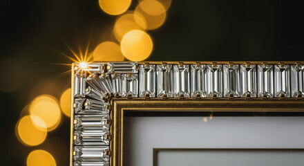 Elegant gold picture frame corner with sparkling baguette crystals and starburst light against warm festive bokeh.
