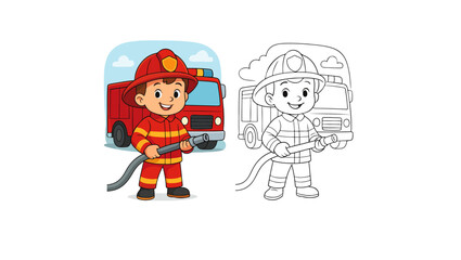 Fototapeta premium Cartoon Firefighter Child with Fire Truck – Color and Outline